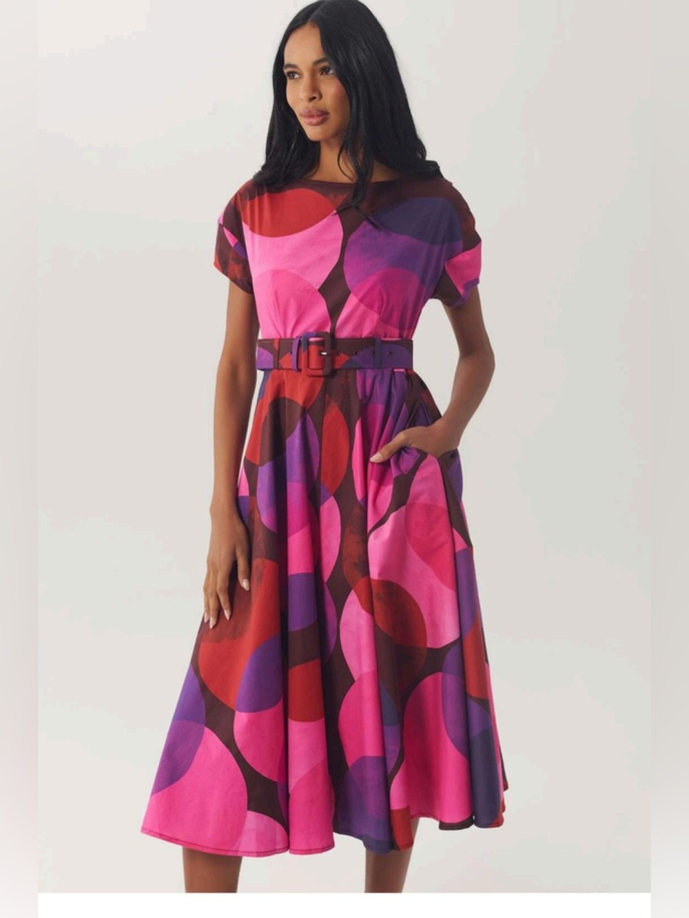 NWT Hutch Ellen Overlapping Dots Belted Midi Dress Pink Multi Small SAMPLE
